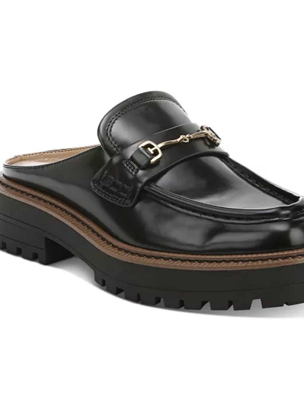 Sam Edelman Black Patent Leather Lug Sole Slip-On Mule Loafers with Gold Bit